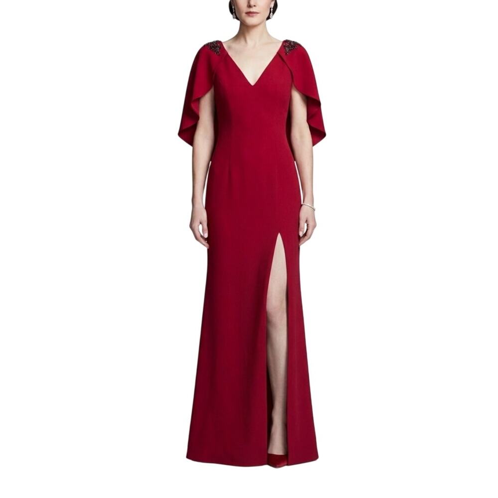 Marchesa Notte Gown Size 4 Deep Red Cape Dress Beaded Slit Regal Black Tie NWT